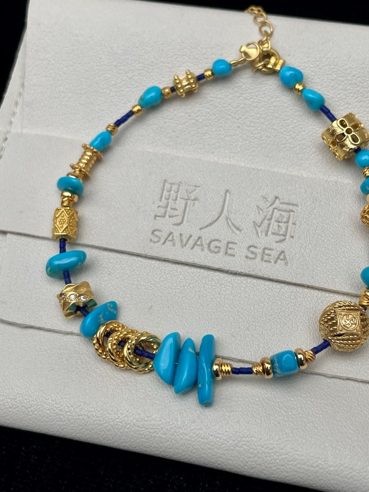 Artisan Statement Bracelet with Turquoise and Gilded Beads