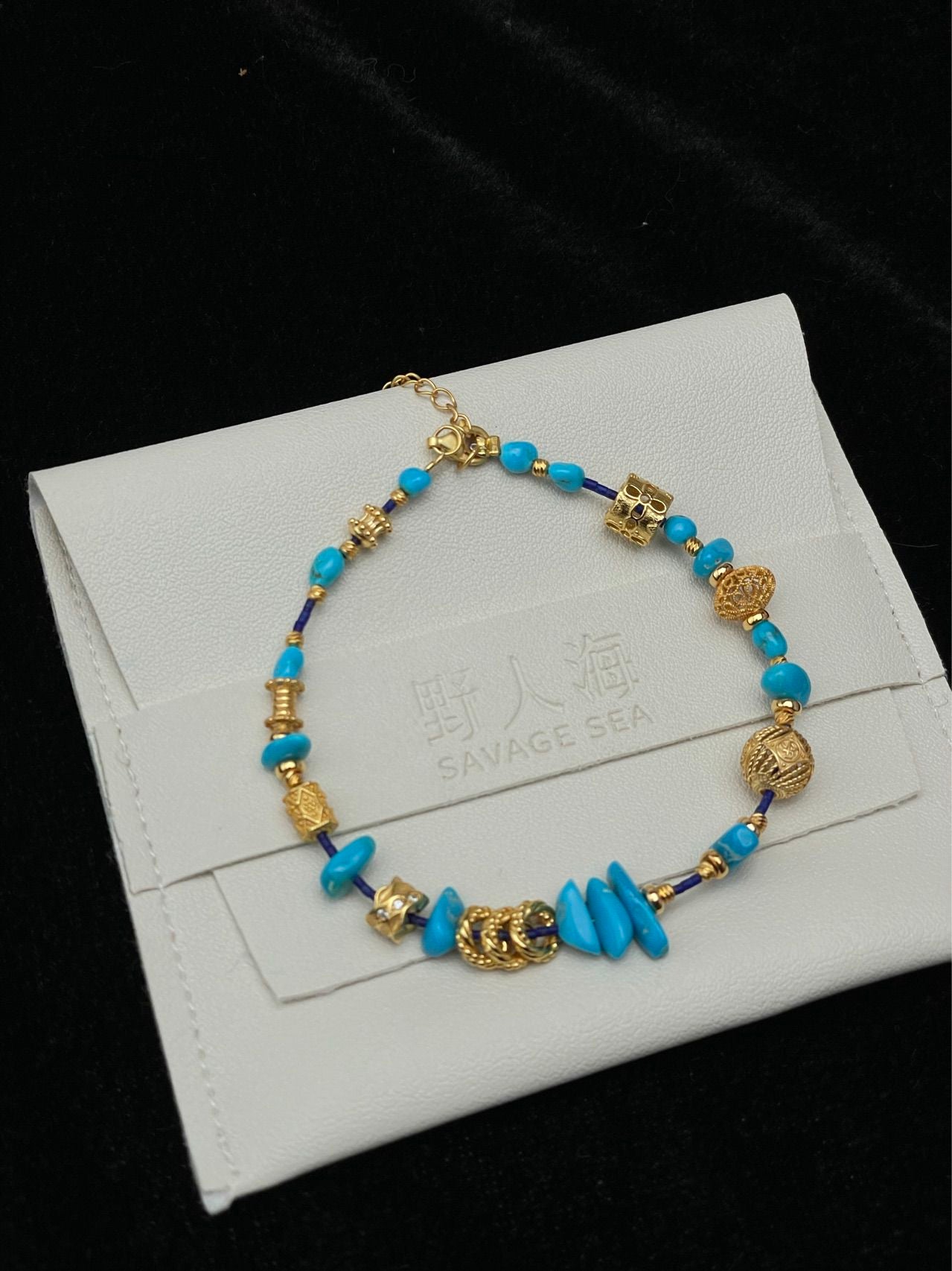 Artisan Statement Bracelet with Turquoise and Gilded Beads
